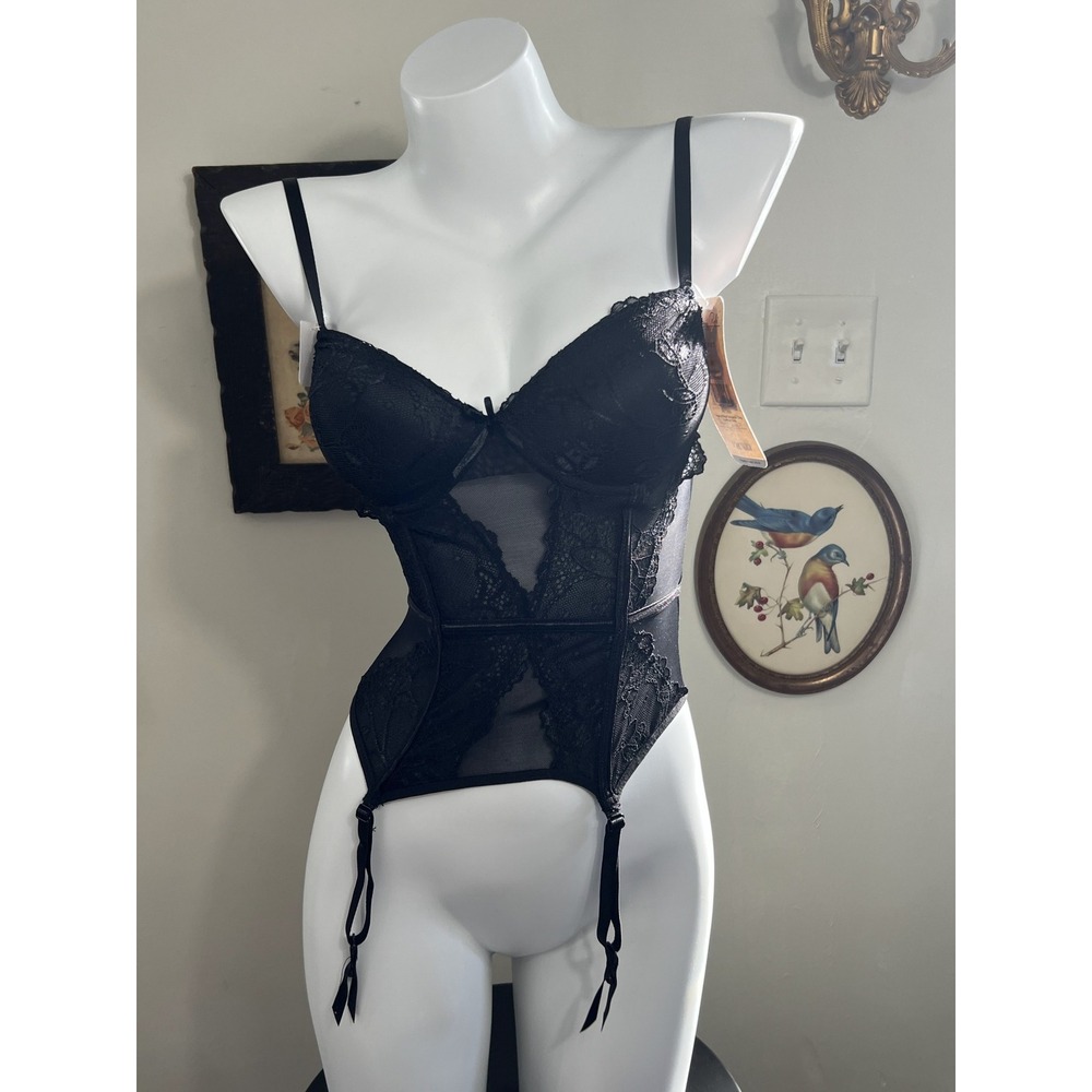 Rene Rofe Black Lace Push-Up Corset Lingerie Bustier Size Medium NWT